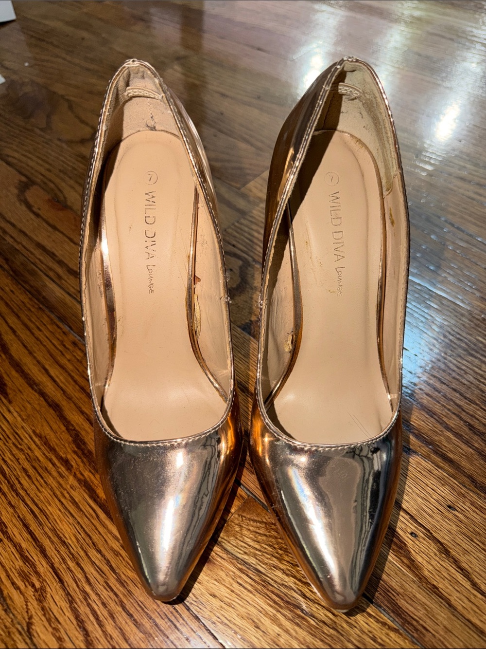 Wild Diva Lounge Metallic Rose Gold Pointed-Toe Heels